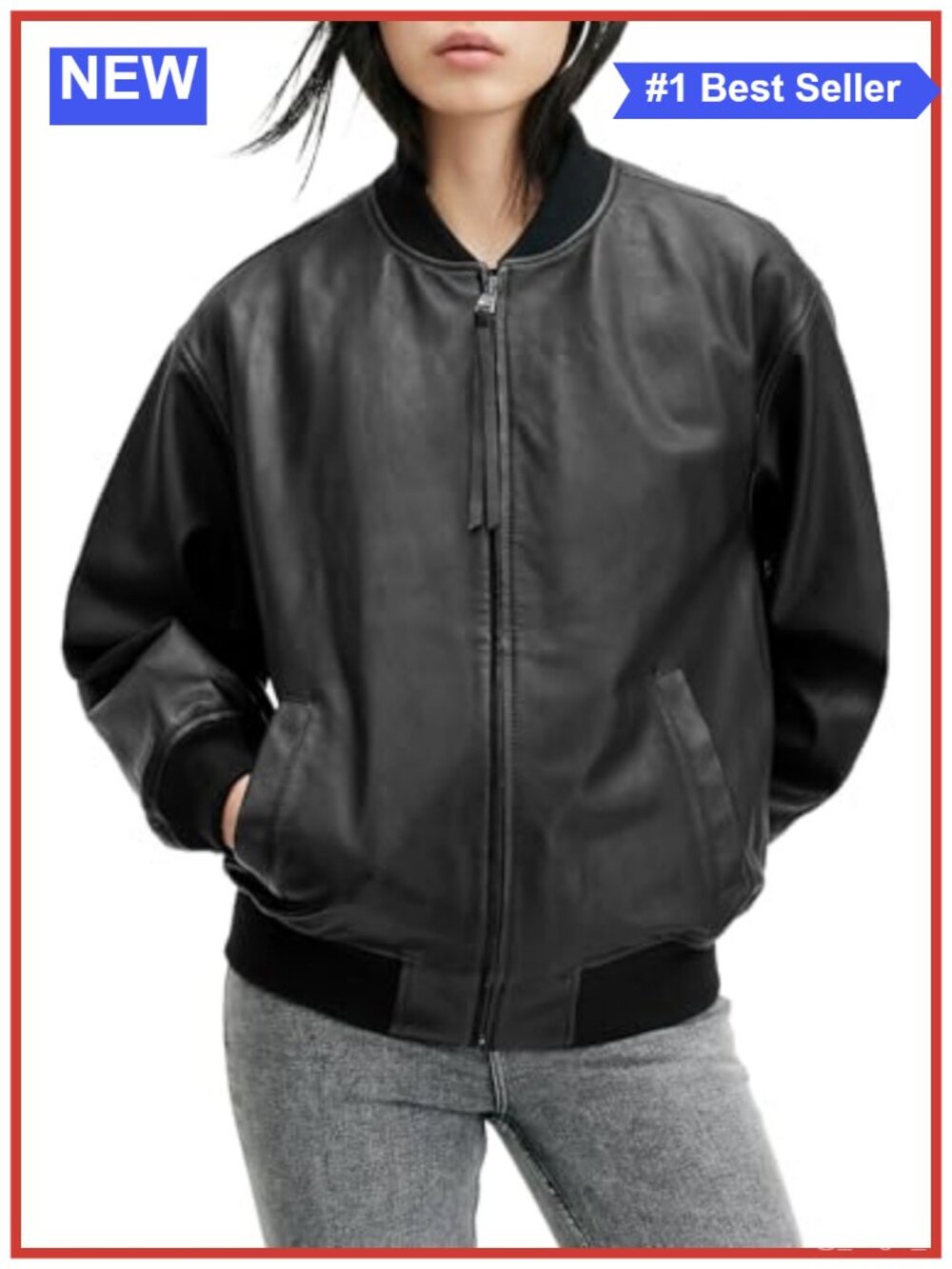 Leather Bomber Jacket Oversized Ribbed Trim Relaxed Fit